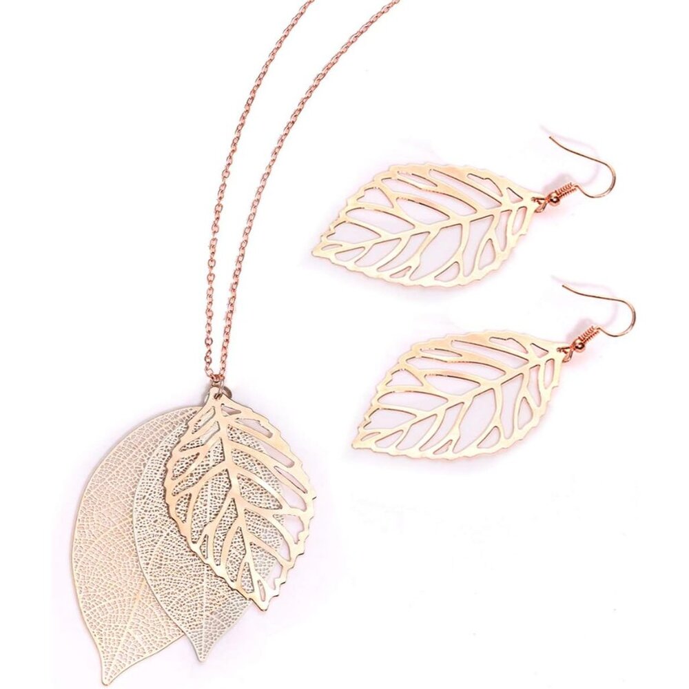 Leaf Earrings and Long Necklaces Set for Women Boho Gold-tone Multi Tiered Leave